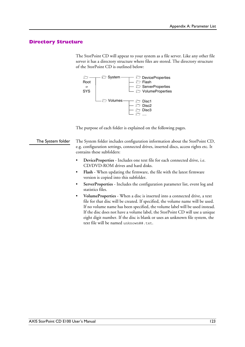 Directory structure, The system folder | Axis Communications CD E100 User Manual | Page 123 / 163