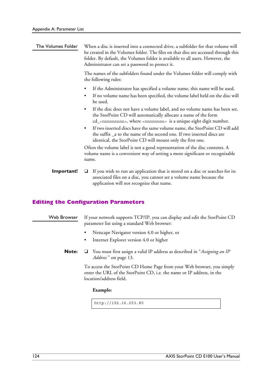 The volumesfolder, Editing the configuration parameters, Web browser | Axis Communications CD E100 User Manual | Page 124 / 163