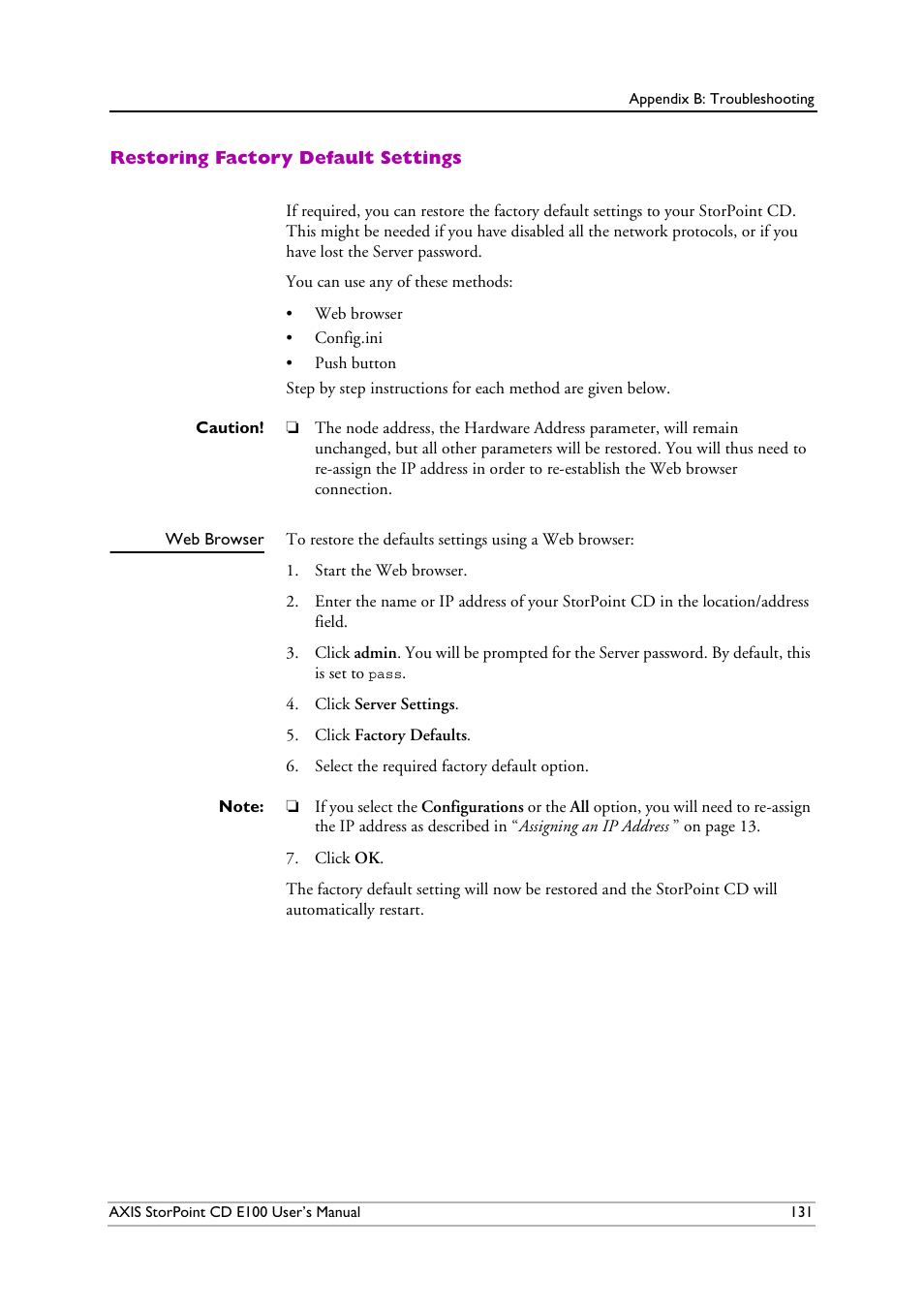 Restoring factory default settings, Web browser | Axis Communications CD E100 User Manual | Page 131 / 163