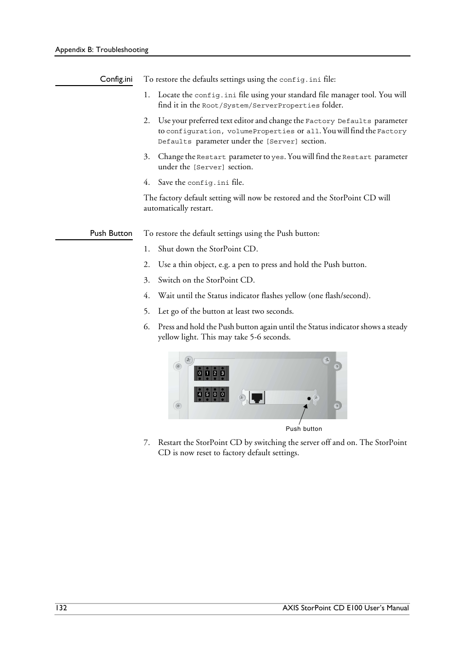 Config.ini, Push button | Axis Communications CD E100 User Manual | Page 132 / 163