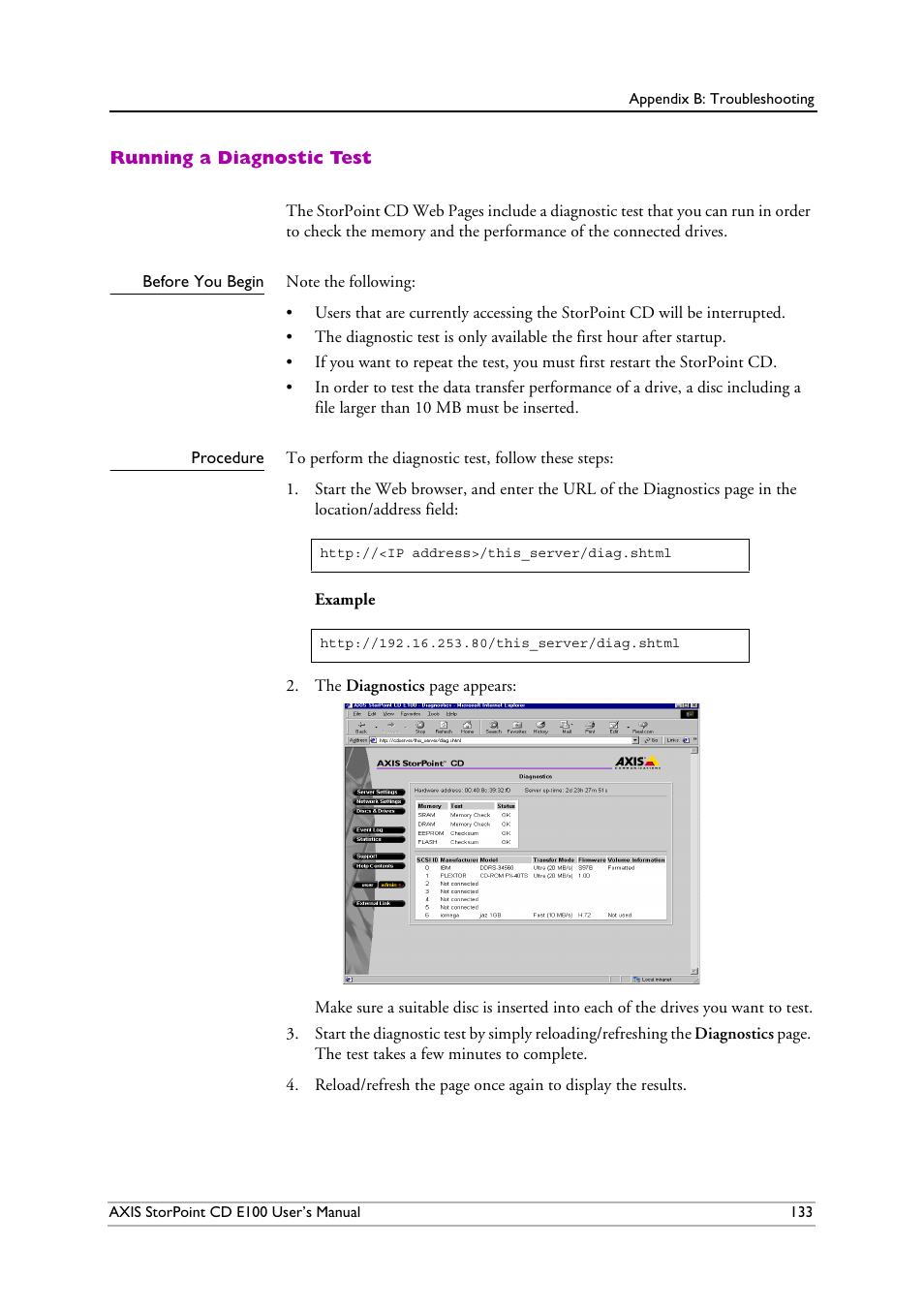 Running a diagnostic test, Before you begin, Procedure | Axis Communications CD E100 User Manual | Page 133 / 163