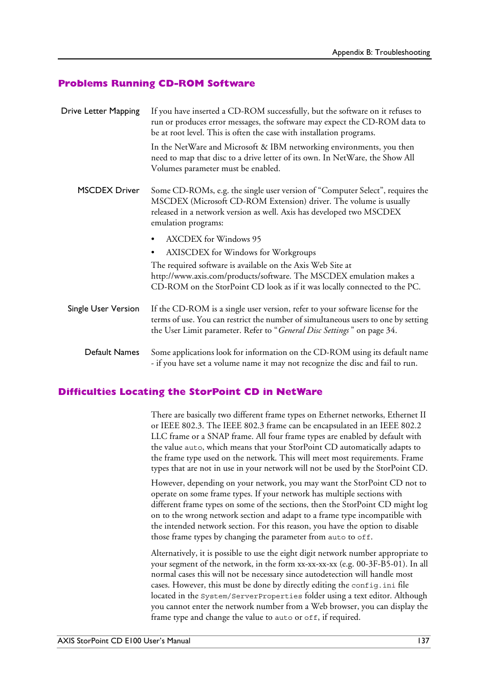 Problems running cdrom software, Difficulties locating the storpoint cd in netware | Axis Communications CD E100 User Manual | Page 137 / 163