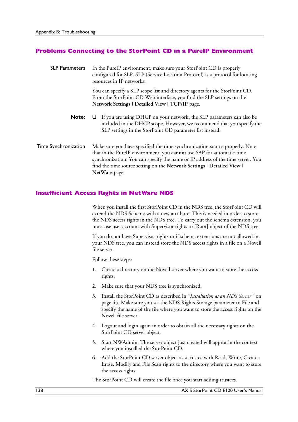 Insufficient access rights in netware nds, Problems connecting to the st | Axis Communications CD E100 User Manual | Page 138 / 163