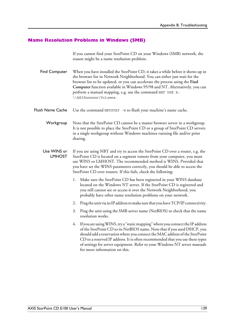 Name resolution problems in windows (smb) | Axis Communications CD E100 User Manual | Page 139 / 163