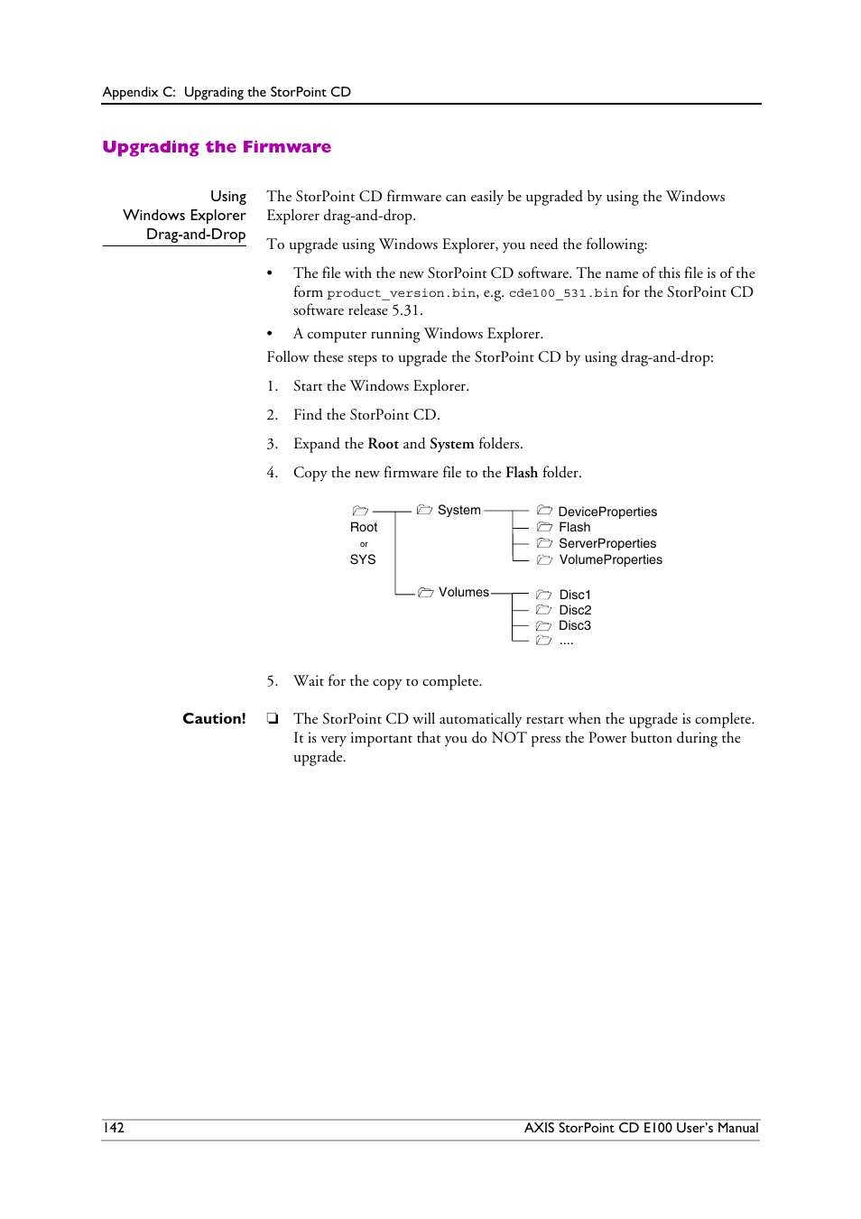 Upgrading the firmware, Using windows explorer drag-and-drop | Axis Communications CD E100 User Manual | Page 142 / 163