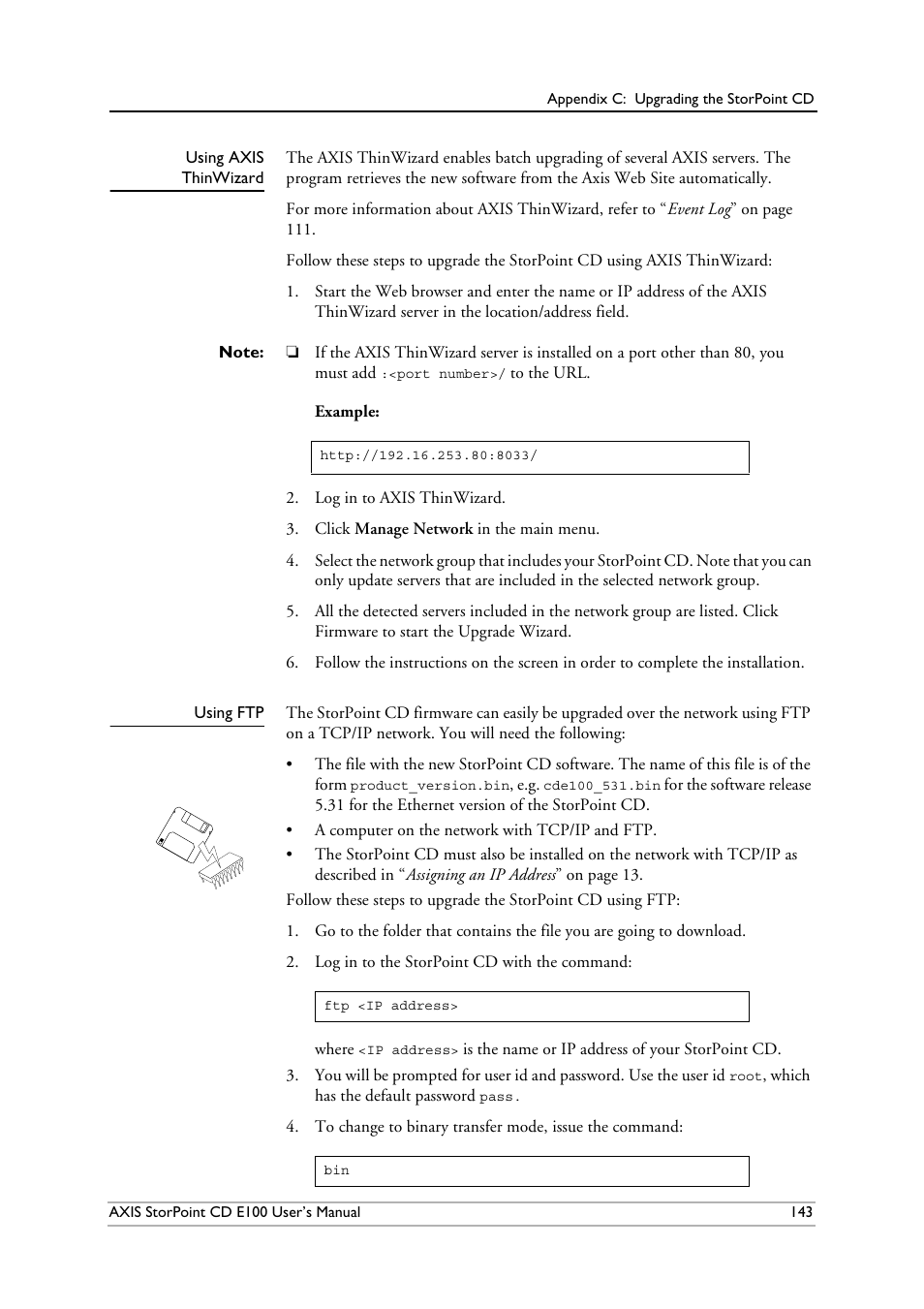 Using axis thinwizard, Using ftp | Axis Communications CD E100 User Manual | Page 143 / 163