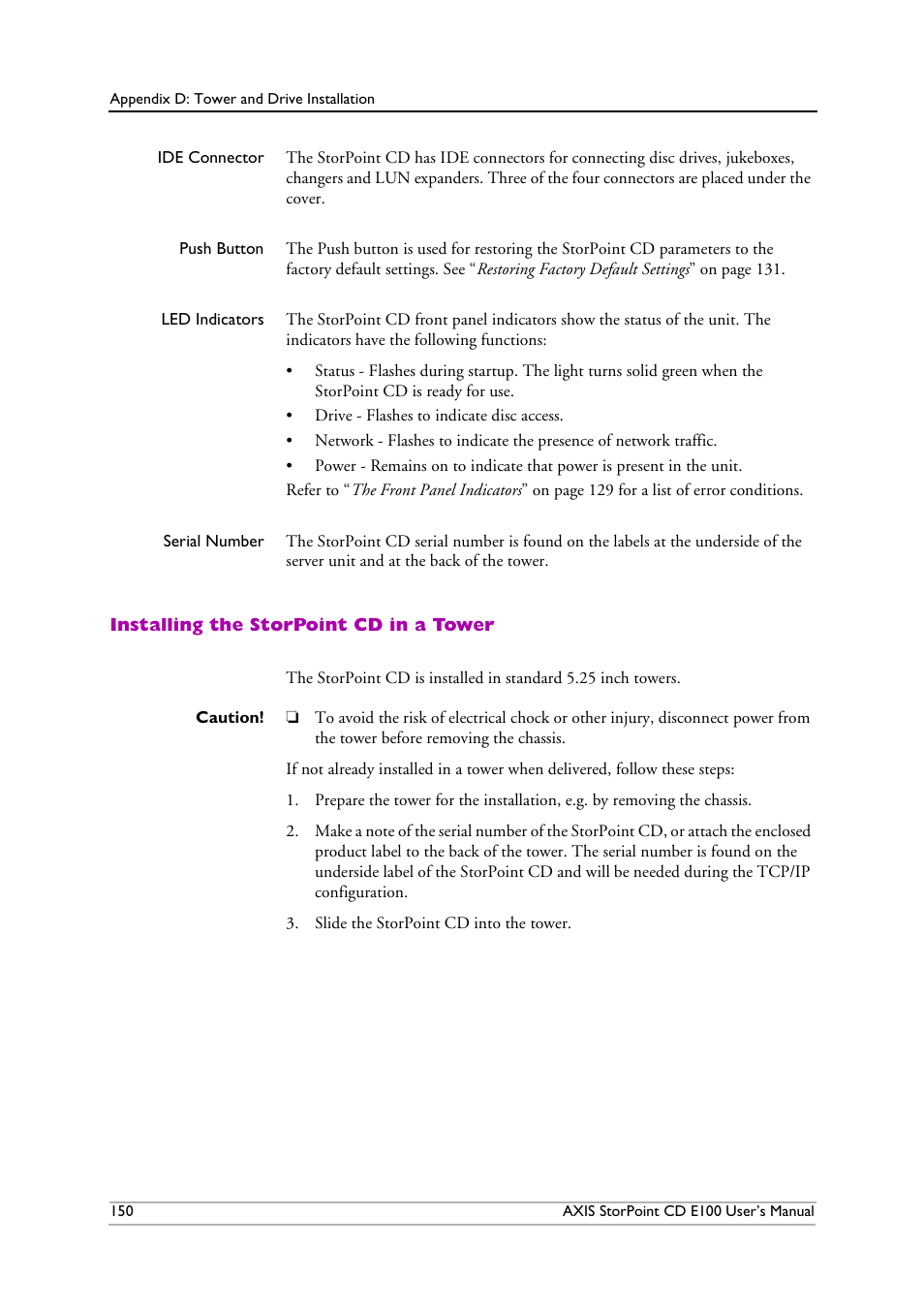 Installing the storpoint cd in a tower | Axis Communications CD E100 User Manual | Page 150 / 163