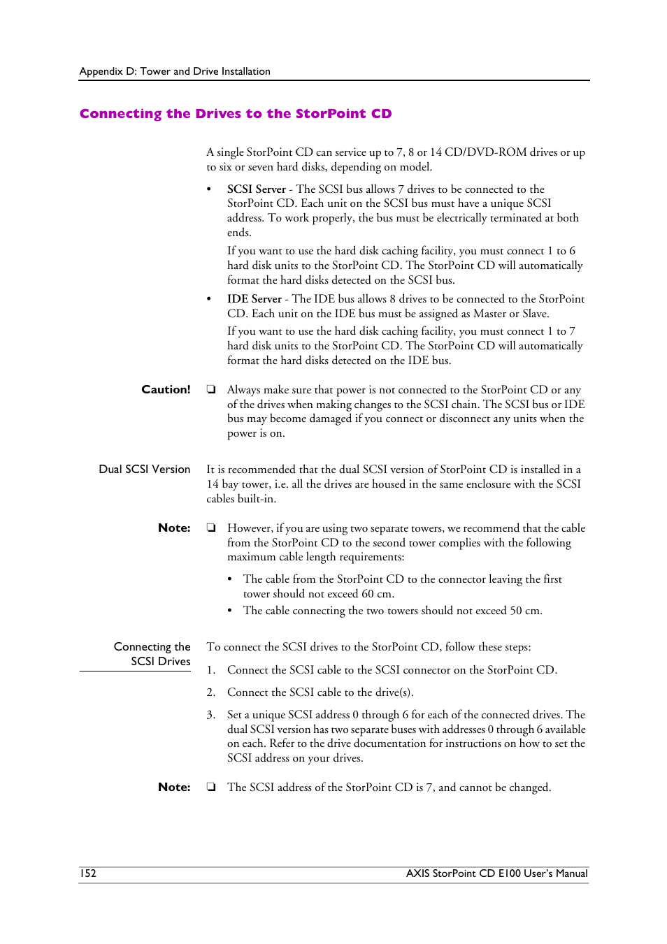 Connecting the drives to the storpoint cd, Connecting the scsi drives | Axis Communications CD E100 User Manual | Page 152 / 163