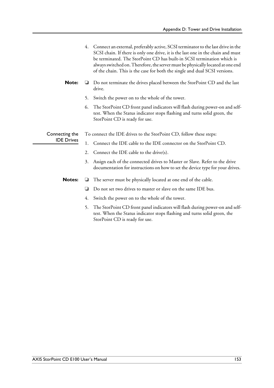 Connecting the ide drives | Axis Communications CD E100 User Manual | Page 153 / 163