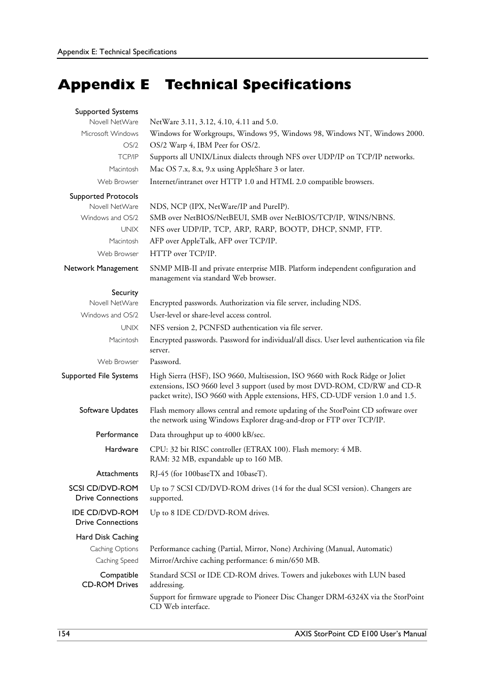 Appendix e technical specifications, Appendix e, Technical specifications | Axis Communications CD E100 User Manual | Page 154 / 163