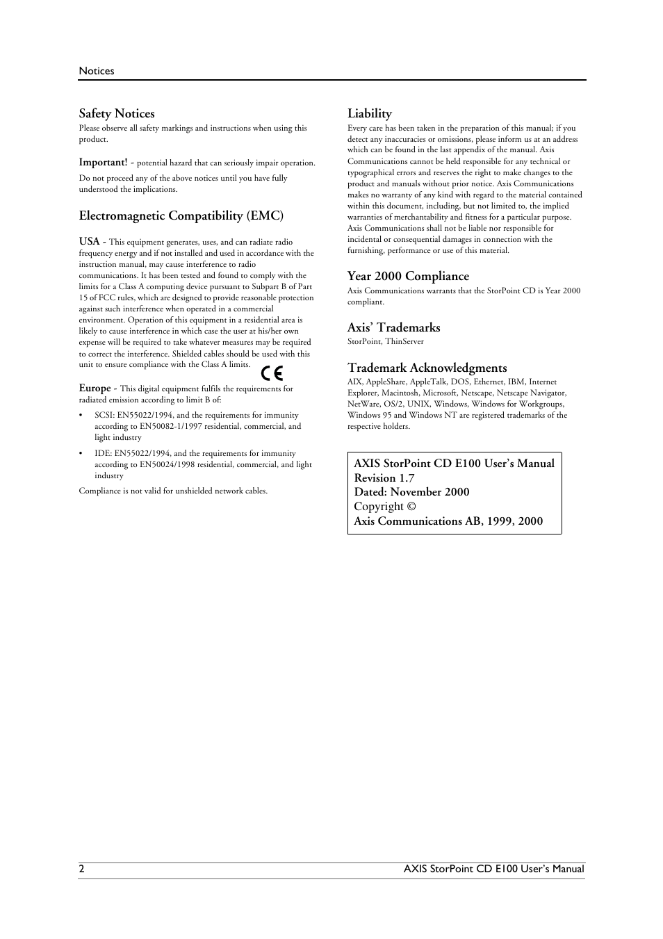 Safety notices, Electromagnetic compatibility (emc), Liability | Year 2000 compliance, Axis’ trademarks, Trademark acknowledgments | Axis Communications CD E100 User Manual | Page 2 / 163