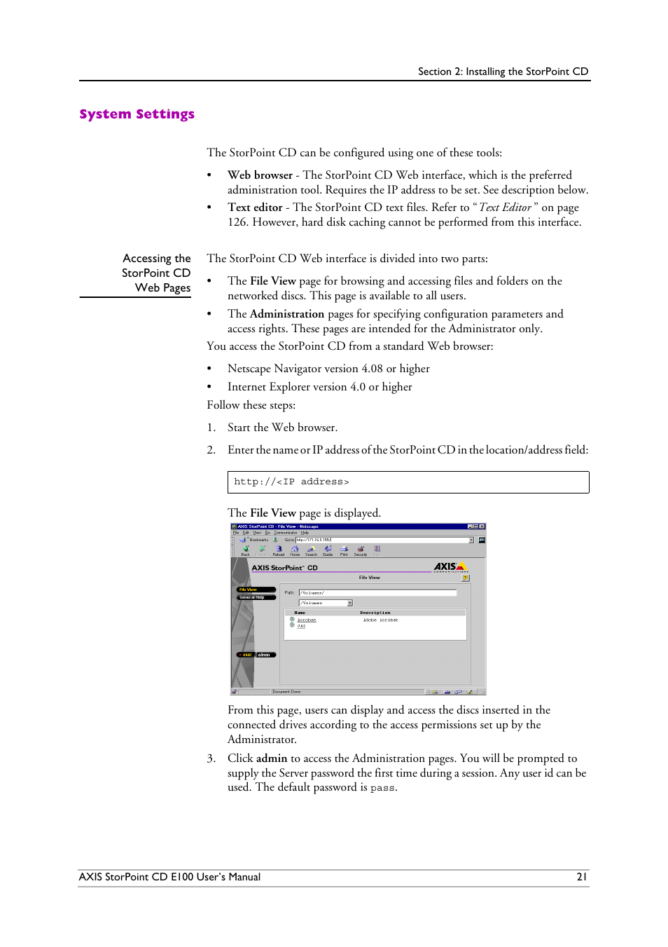 System settings | Axis Communications CD E100 User Manual | Page 21 / 163