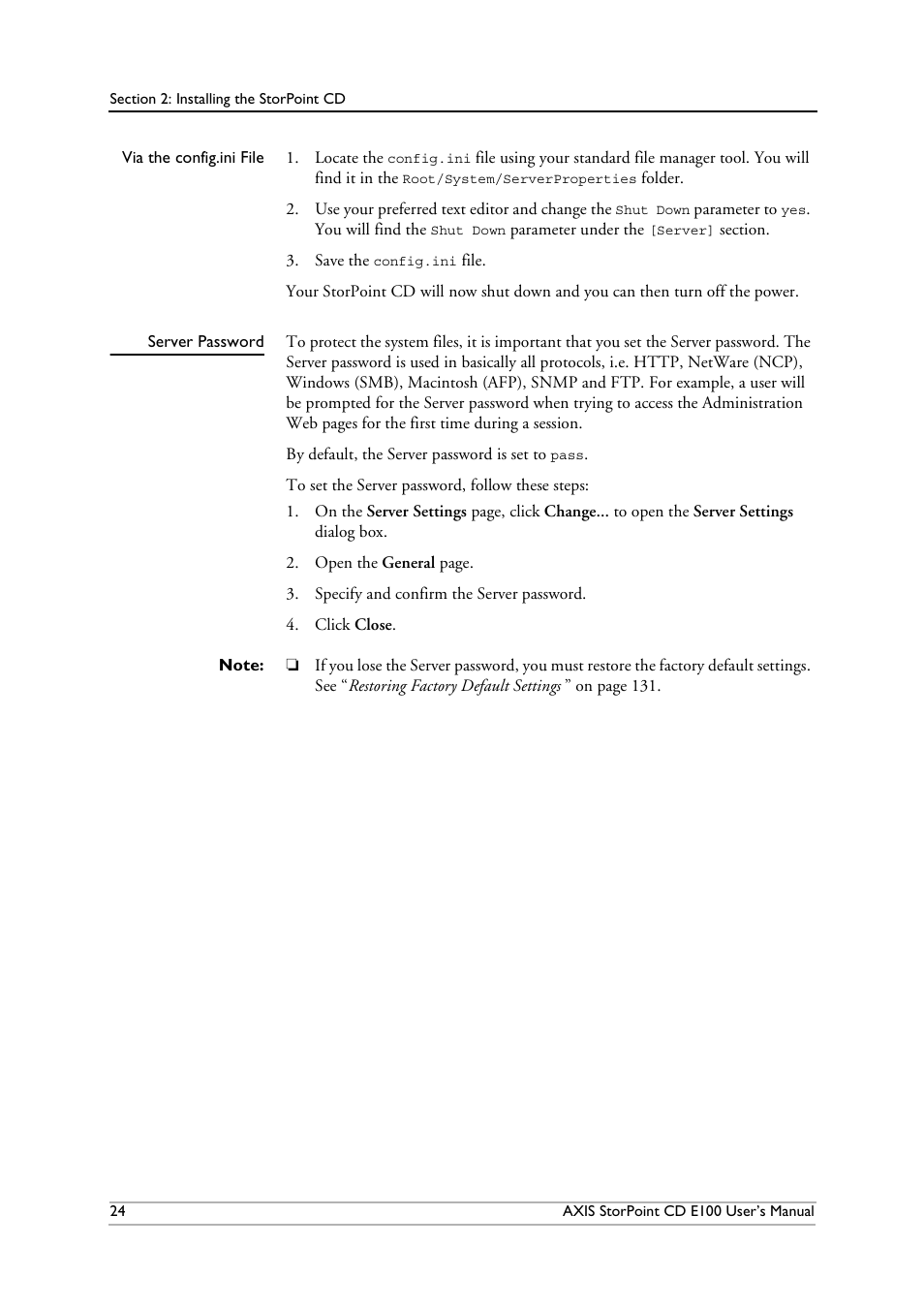 Serverpassword | Axis Communications CD E100 User Manual | Page 24 / 163