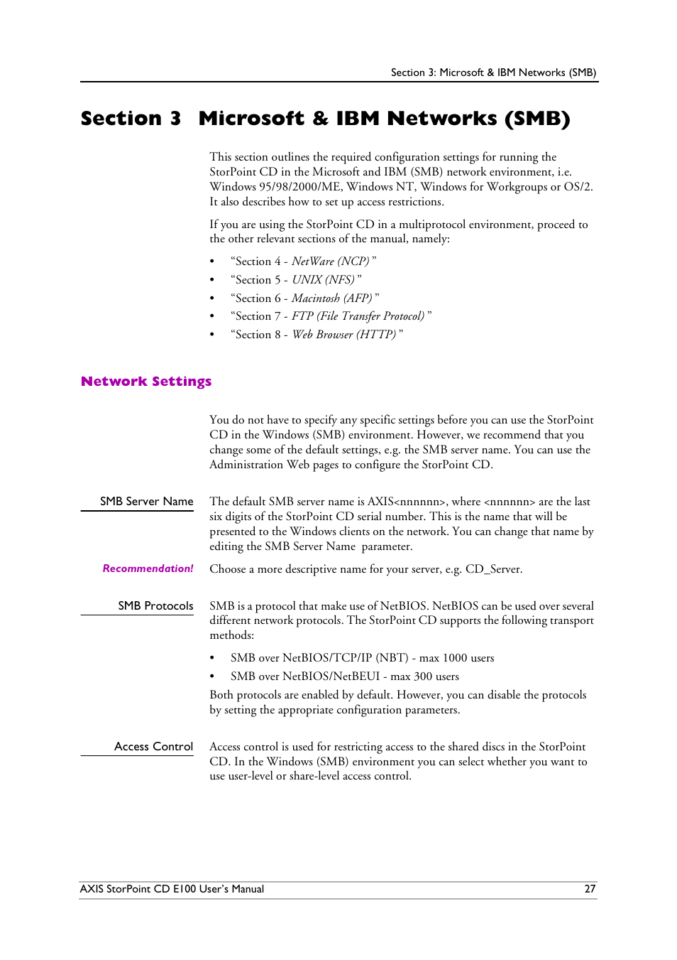Section 3 microsoft & ibm networks (smb), Network settings, Smb server name | Smb protocols, Access control, Section 3, Microsoft & ibm networks (smb), Section 3 - microsoft & ibm networks (smb) | Axis Communications CD E100 User Manual | Page 27 / 163