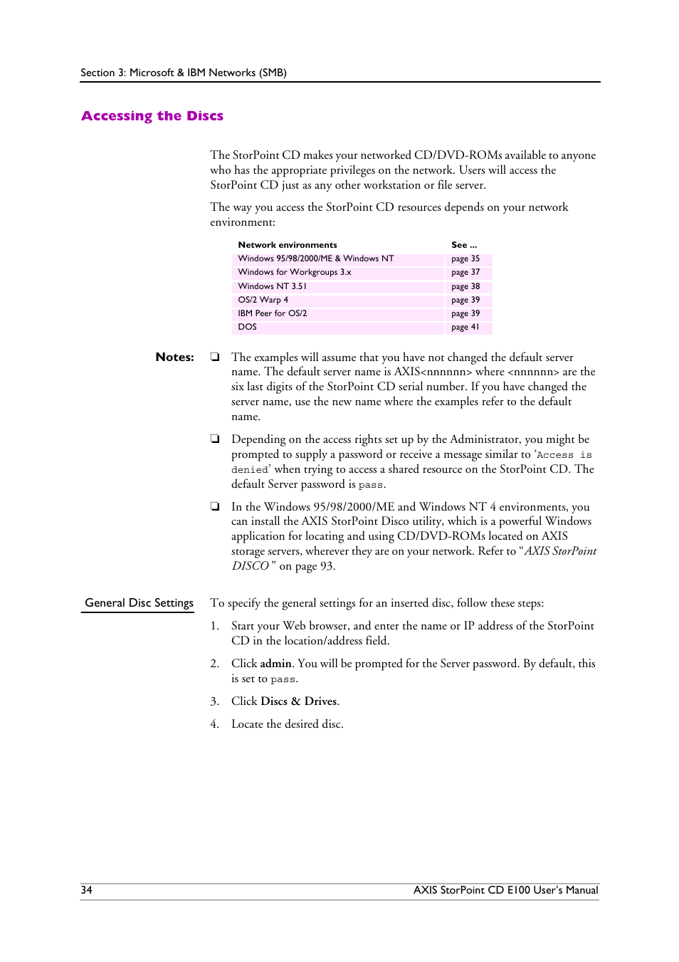 Accessing the discs, General disc settings | Axis Communications CD E100 User Manual | Page 34 / 163