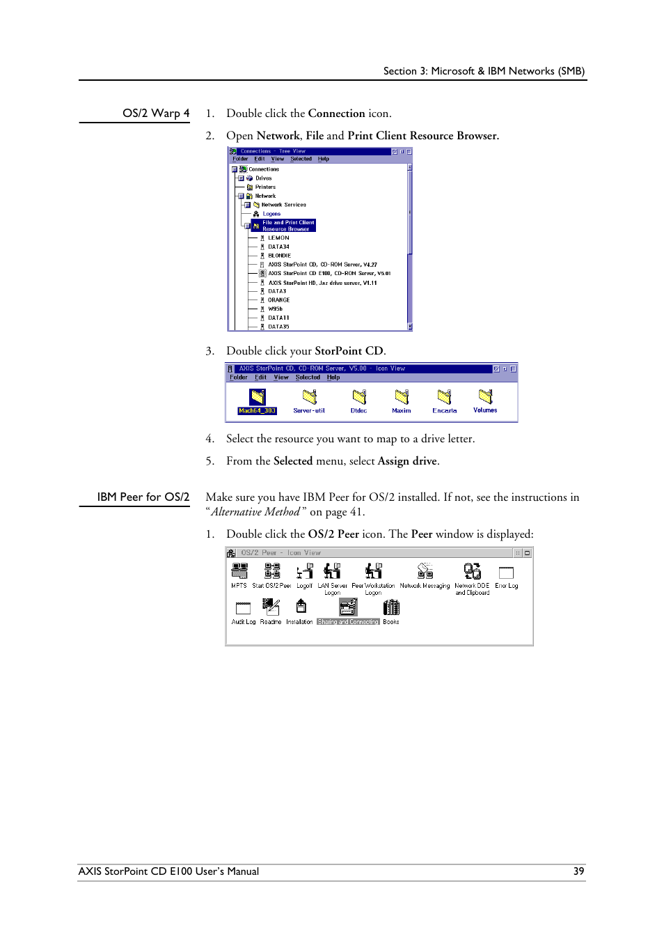 Os/2warp4, Ibmpeerforos/2, Os/2 warp 4 | Ibm peer for os/2 | Axis Communications CD E100 User Manual | Page 39 / 163