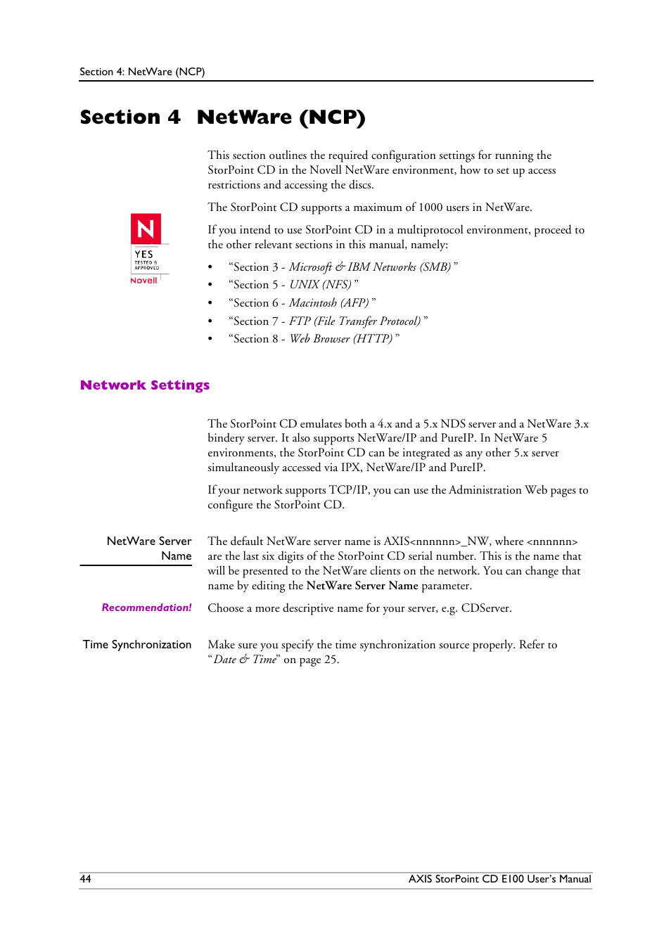 Section 4 netware (ncp), Network settings, Netware server name | Section 4, Netware (ncp), Section 4 - netware (ncp) | Axis Communications CD E100 User Manual | Page 44 / 163