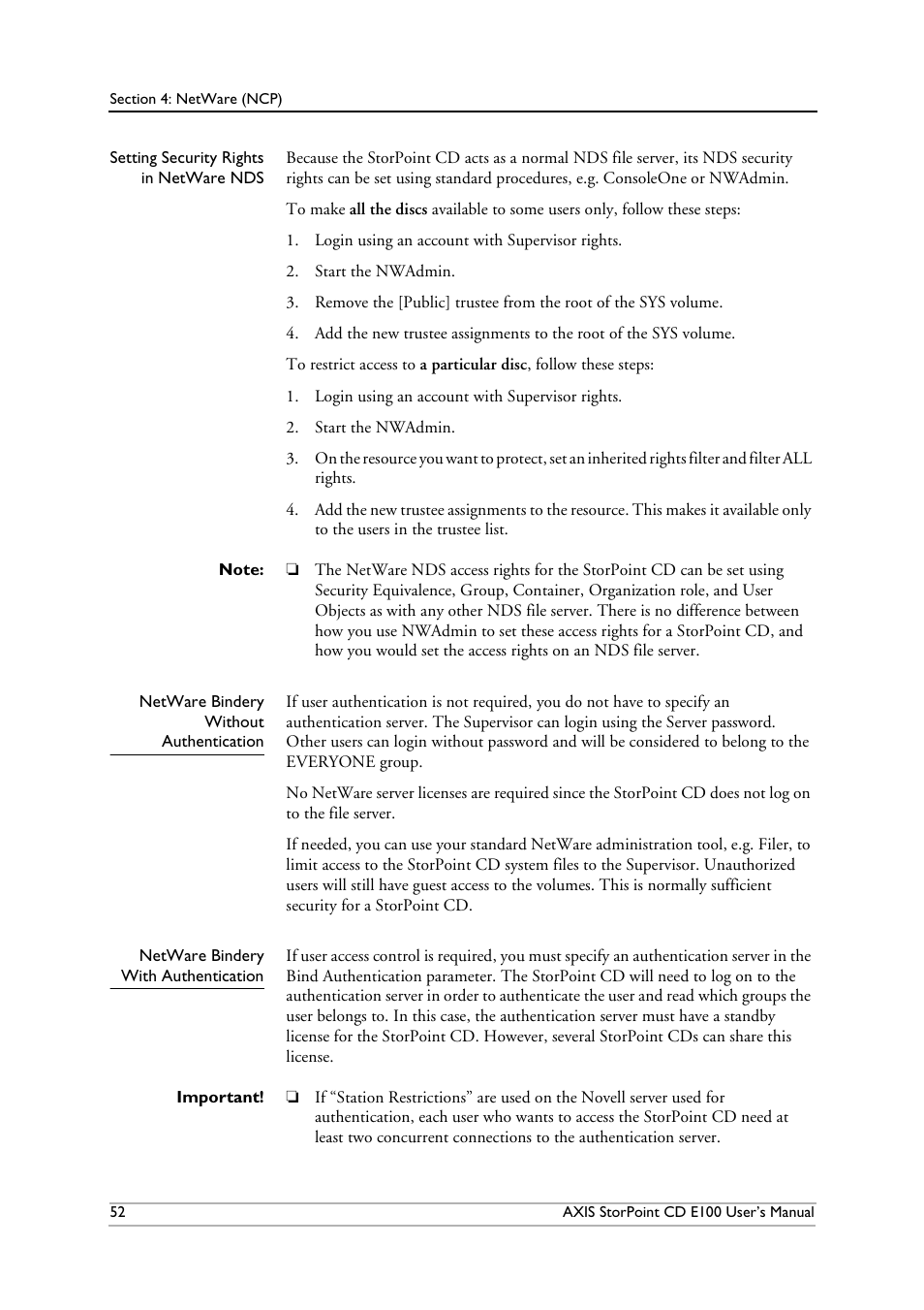 Netware bindery without authentication, Netware bindery with authentication | Axis Communications CD E100 User Manual | Page 52 / 163