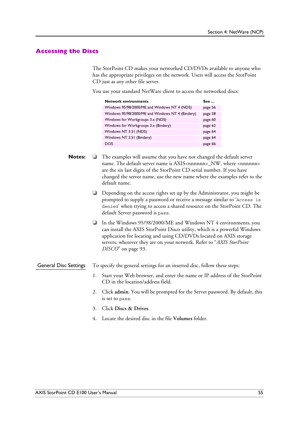 Accessing the discs, General disc settings | Axis Communications CD E100 User Manual | Page 55 / 163