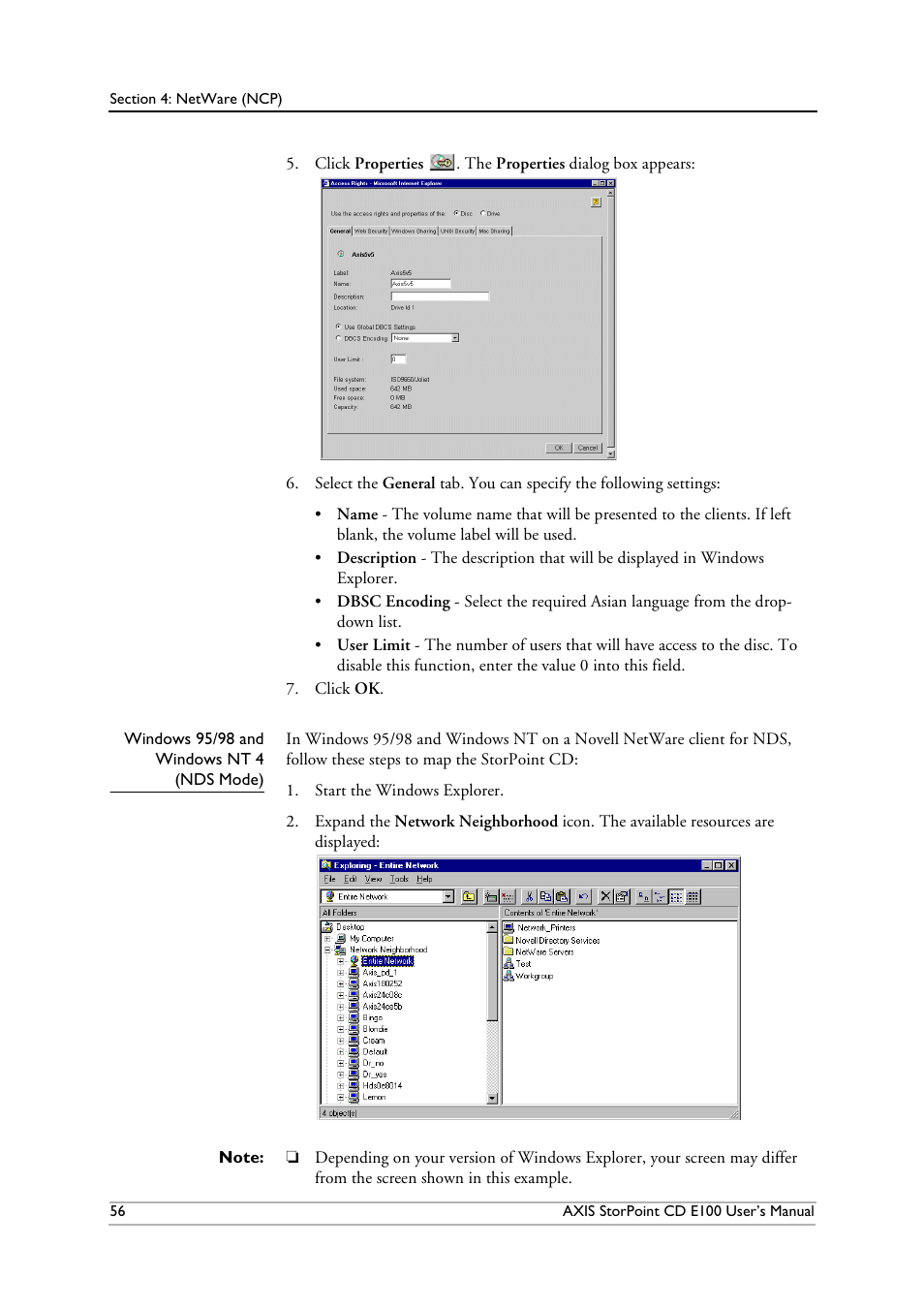 Windows95/98and windowsnt4 (ndsmode), Windows 95/98/2000/me and windows nt 4 (nds) | Axis Communications CD E100 User Manual | Page 56 / 163