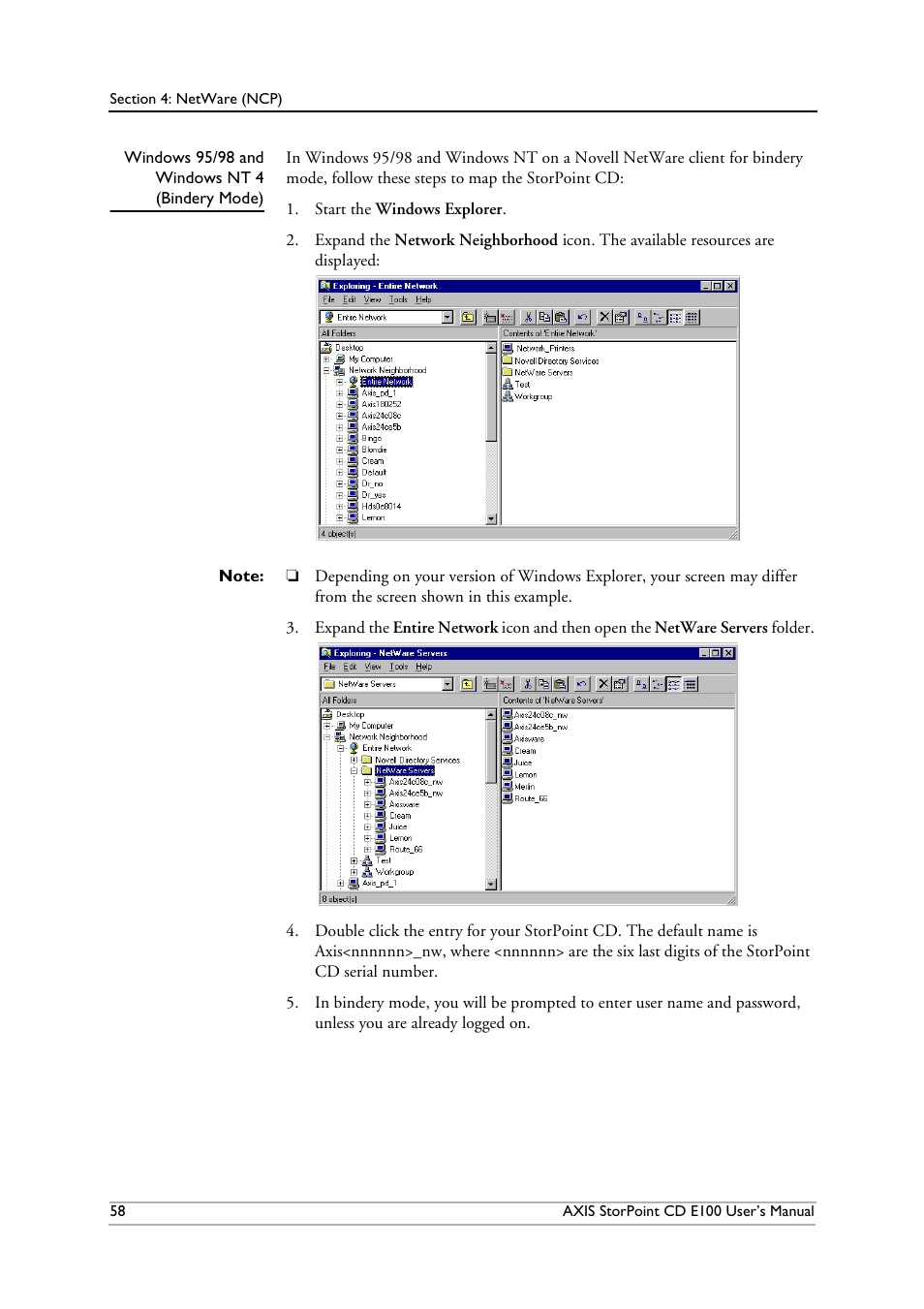 Windows95/98 and windowsnt4 (bindery mode) | Axis Communications CD E100 User Manual | Page 58 / 163