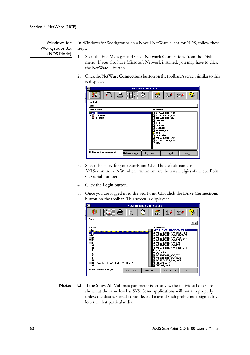 Windows for workgroups3.x (nds mode), Windows for workgroups 3.x (nds) | Axis Communications CD E100 User Manual | Page 60 / 163