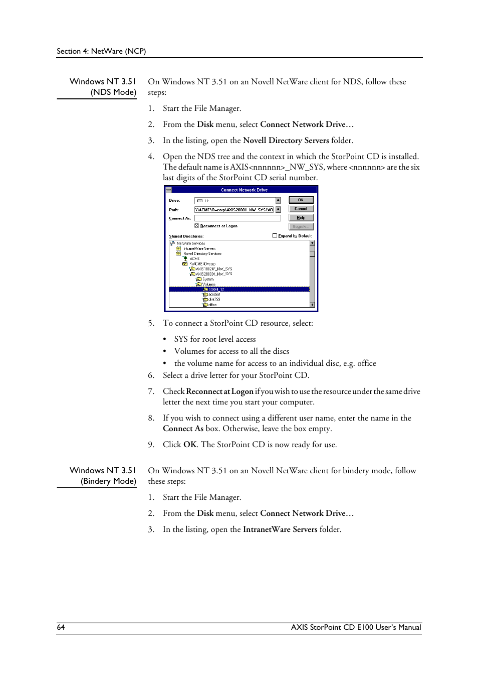 Windowsnt3.51 (nds mode), Windowsnt3.51 (bindery mode), Windows nt 3.51 (nds) | Windows nt 3.51 (bindery) | Axis Communications CD E100 User Manual | Page 64 / 163