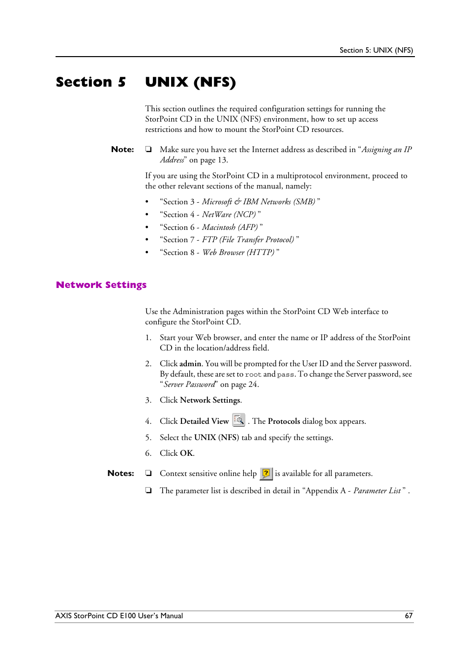 Section 5 unix (nfs), Network settings, Section 5 | Unix (nfs), Section 5 - unix (nfs) | Axis Communications CD E100 User Manual | Page 67 / 163