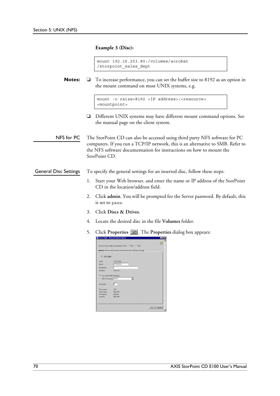 Nfs for pc, General disc settings | Axis Communications CD E100 User Manual | Page 70 / 163