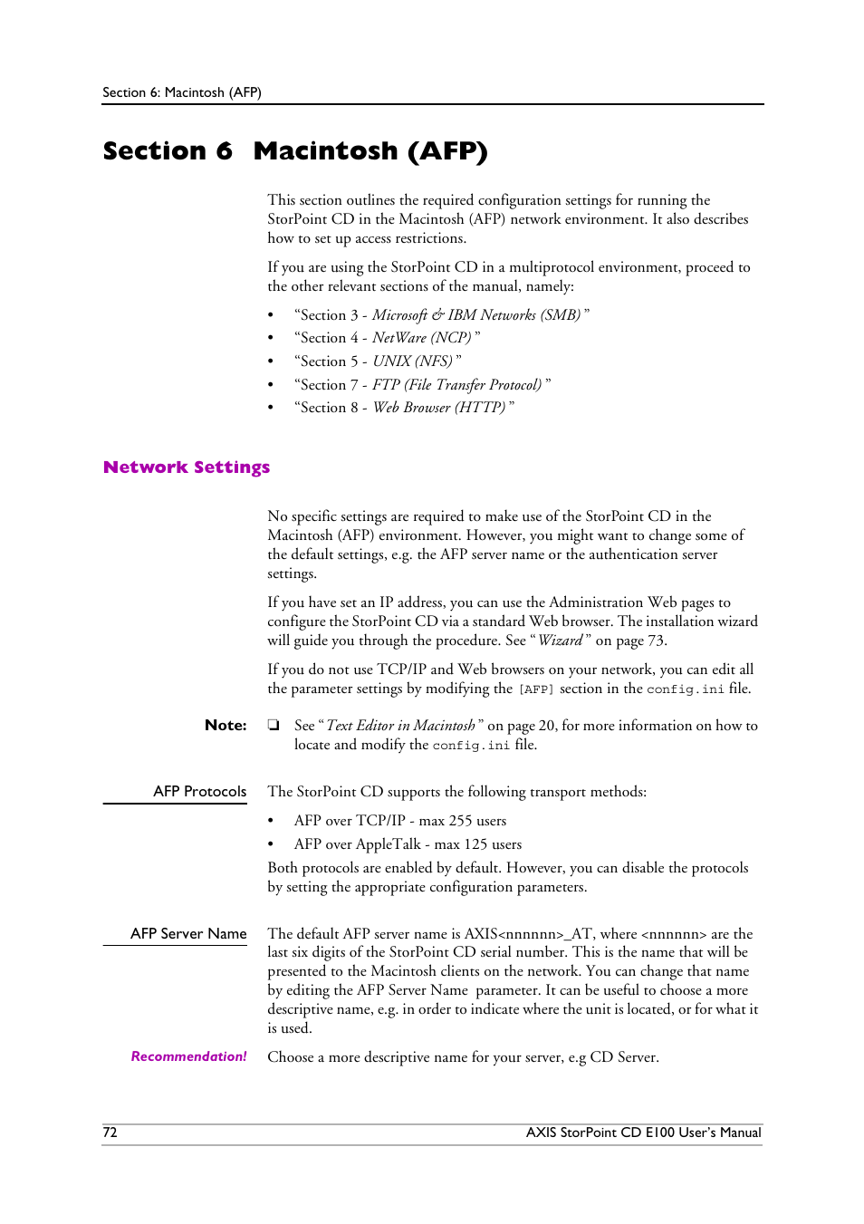 Section 6 macintosh (afp), Network settings, Afp protocols | Afp server name, Section 6, Macintosh (afp), Section 6 - macintosh (afp) | Axis Communications CD E100 User Manual | Page 72 / 163