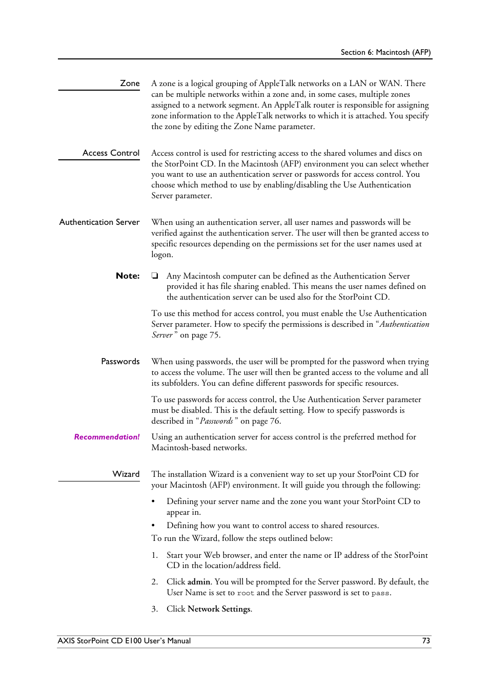 Zone, Access control, Wizard | Axis Communications CD E100 User Manual | Page 73 / 163