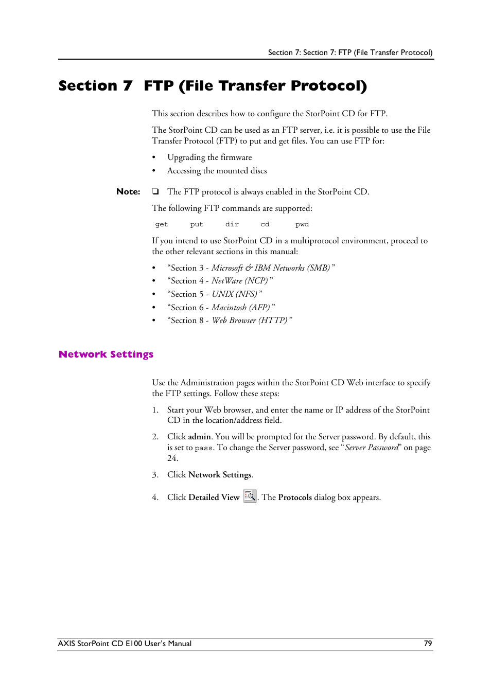 Section 7 ftp (file transfer protocol), Network settings, Section 7 | Ftp (file transfer protocol), Section 7 - ftp (file transfer protocol) | Axis Communications CD E100 User Manual | Page 79 / 163