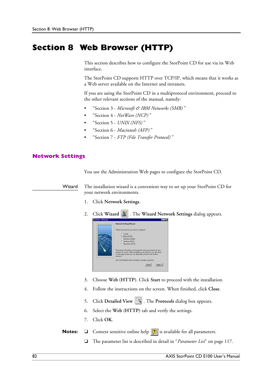 Section 8 web browser (http), Network settings, Wizard | Section 8, Web browser (http), Section 8 - web browser (http) | Axis Communications CD E100 User Manual | Page 82 / 163