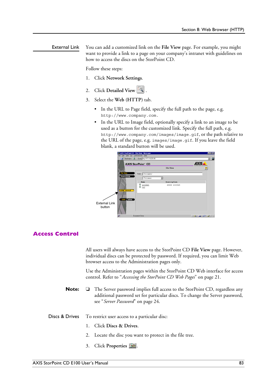 External link, Access control | Axis Communications CD E100 User Manual | Page 83 / 163