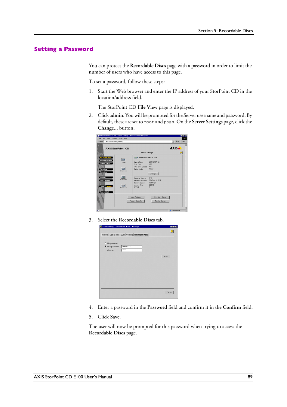 Setting a password | Axis Communications CD E100 User Manual | Page 89 / 163