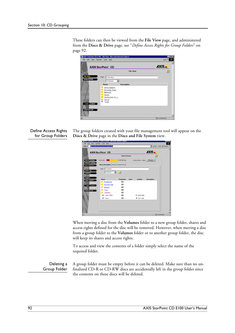 Define access rights for group folders, Deleting a group folder | Axis Communications CD E100 User Manual | Page 92 / 163
