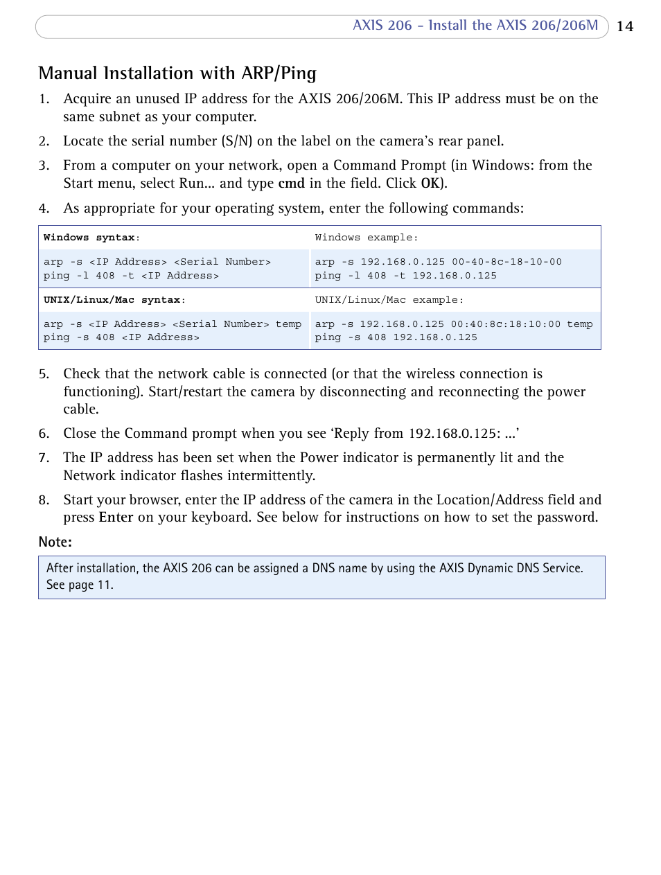 Manual installation with arp/ping | Axis Communications 206 User Manual | Page 15 / 48