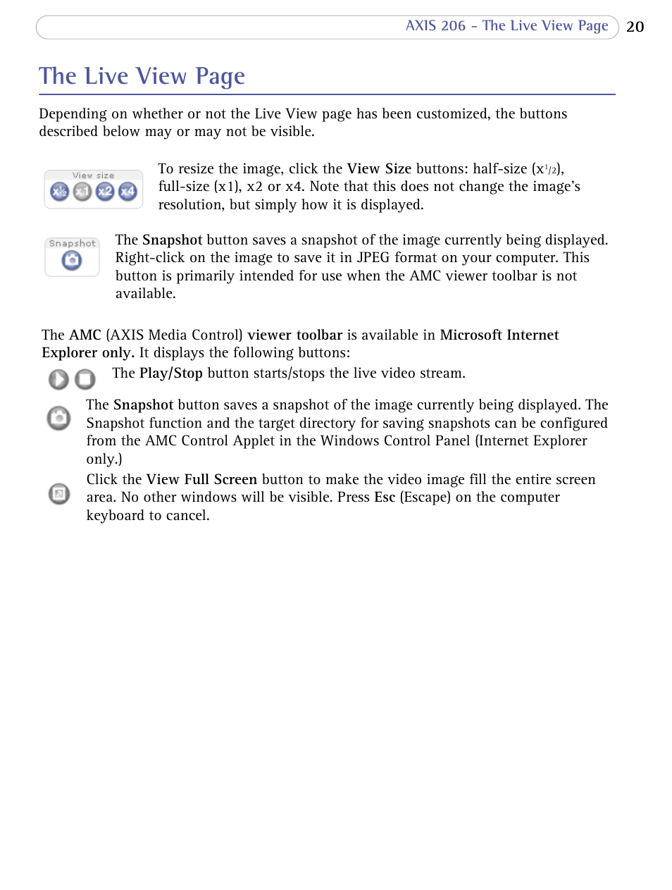 The live view page | Axis Communications 206 User Manual | Page 21 / 48