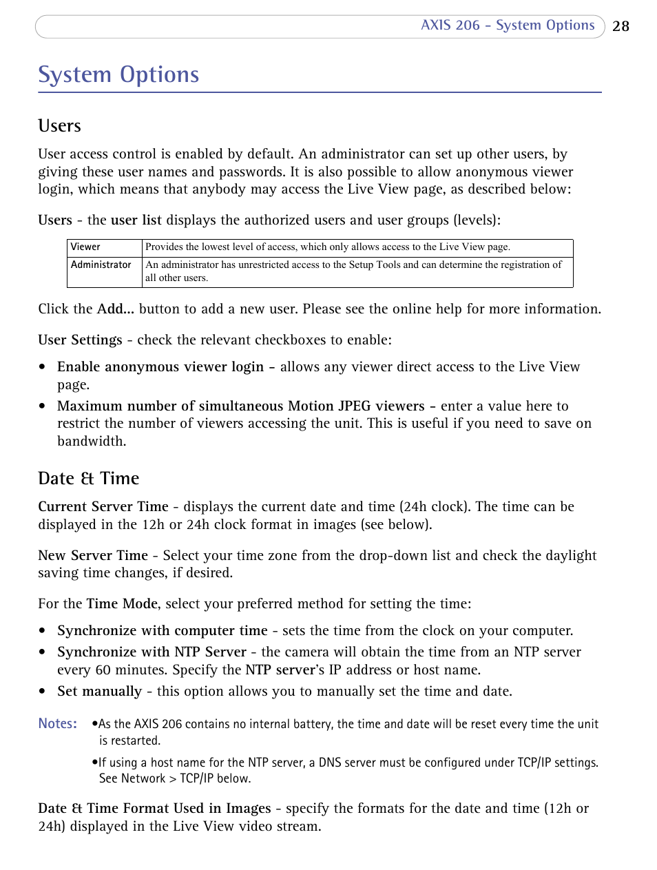 System options, Users, Date & time | Users date & time | Axis Communications 206 User Manual | Page 29 / 48