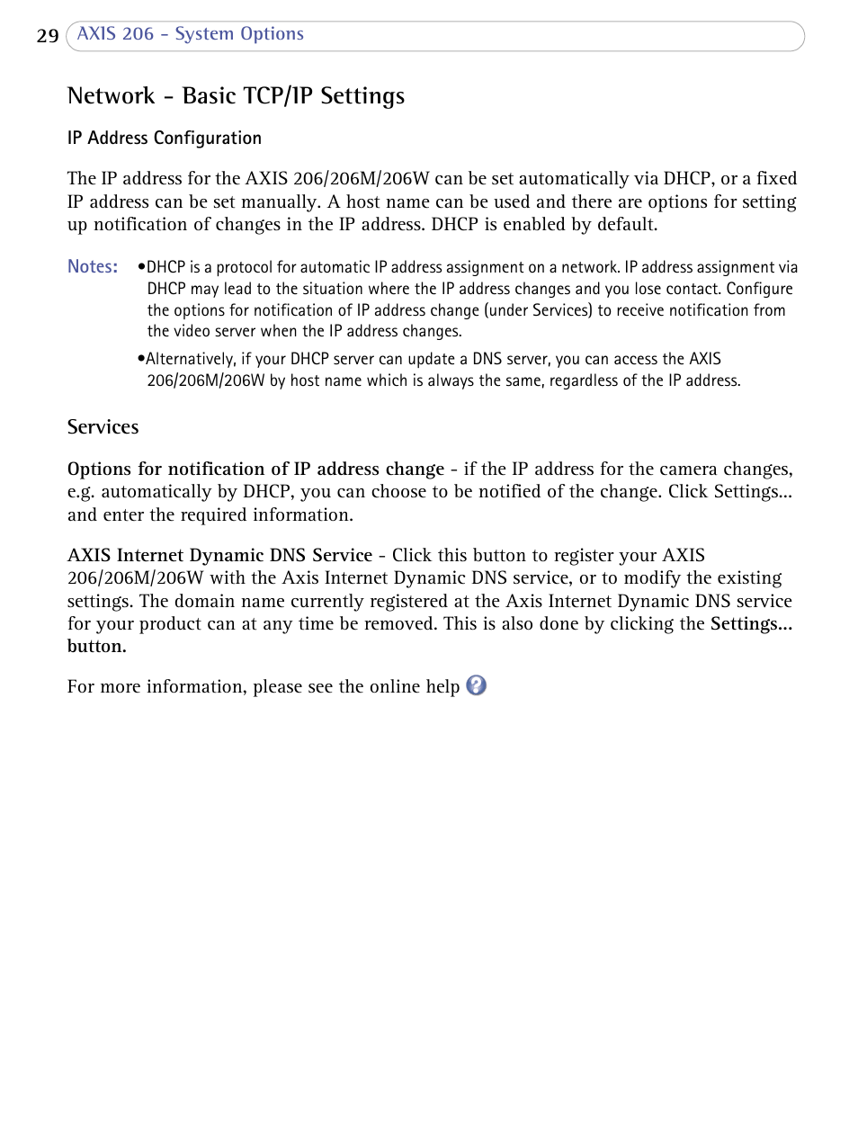 Network - basic tcp/ip settings | Axis Communications 206 User Manual | Page 30 / 48