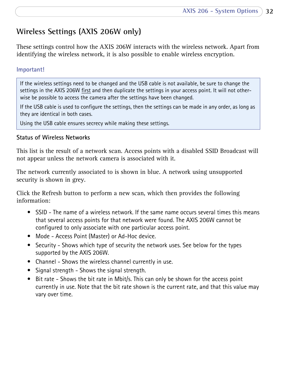 Wireless settings (axis 206w only) | Axis Communications 206 User Manual | Page 33 / 48