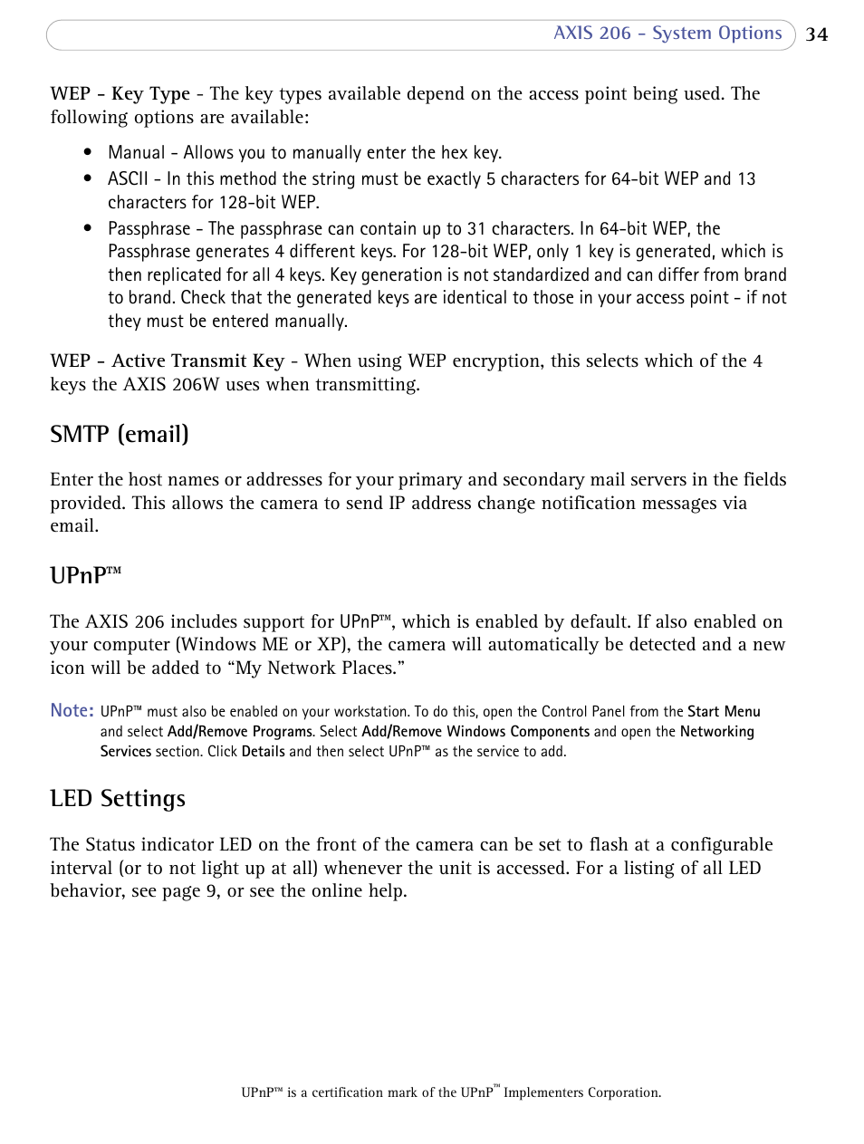 Smtp (email), Upnp, Led settings | Smtp (email) upnp™ led settings | Axis Communications 206 User Manual | Page 35 / 48
