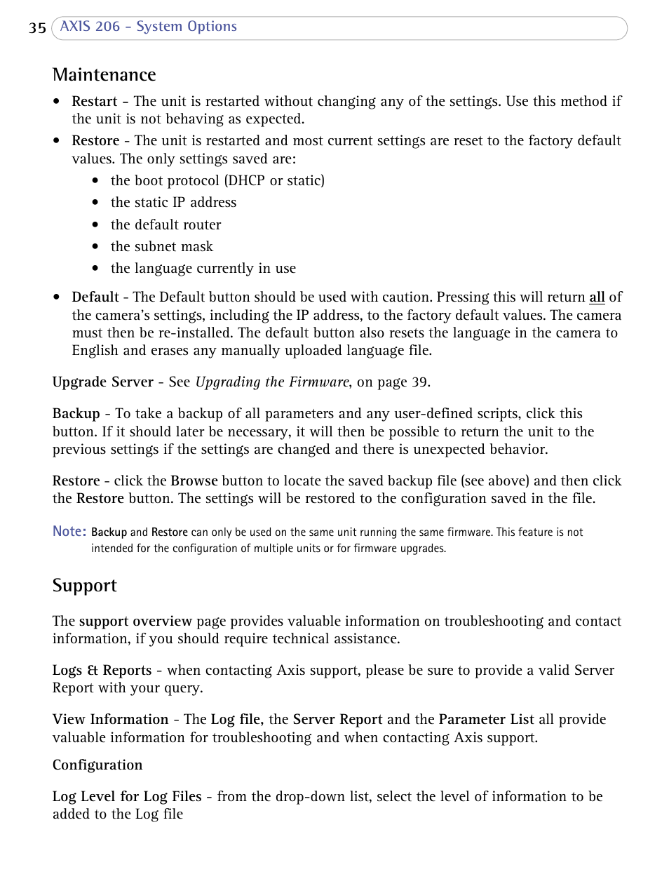 Maintenance, Support, Maintenance support | Axis Communications 206 User Manual | Page 36 / 48