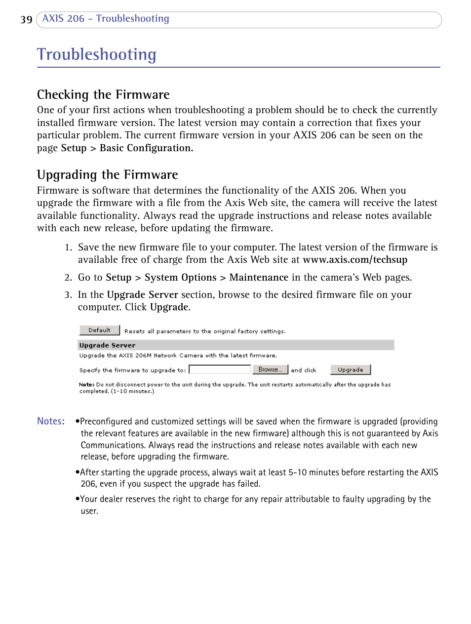 Troubleshooting, Checking the firmware, Upgrading the firmware | Axis Communications 206 User Manual | Page 40 / 48