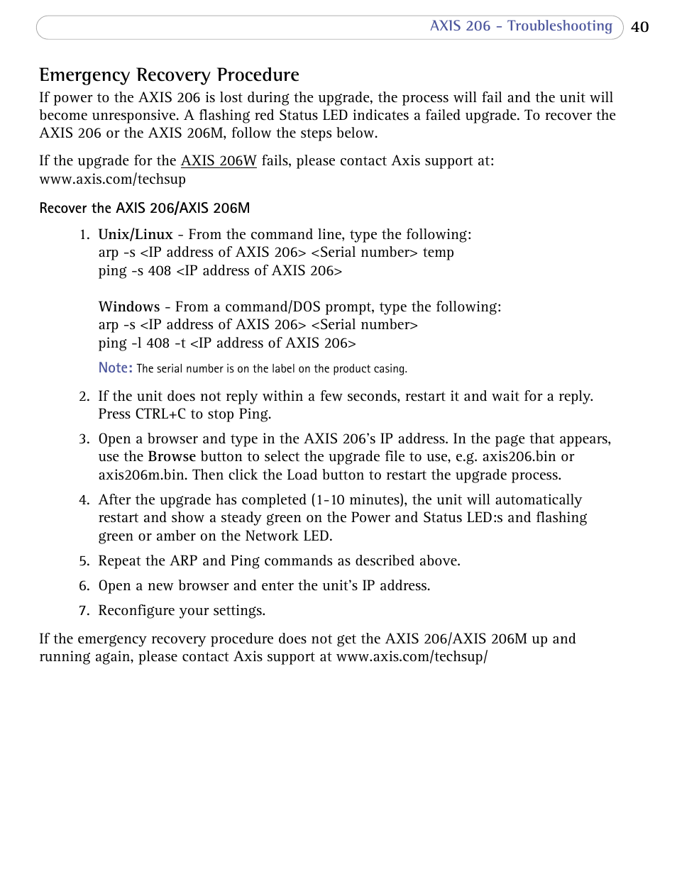 Emergency recovery procedure | Axis Communications 206 User Manual | Page 41 / 48