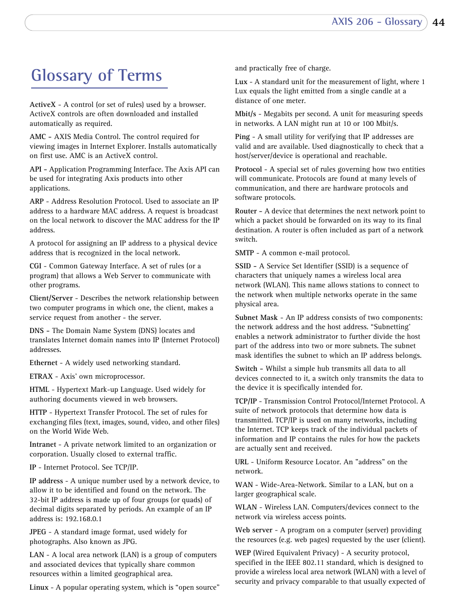 Glossary of terms | Axis Communications 206 User Manual | Page 45 / 48