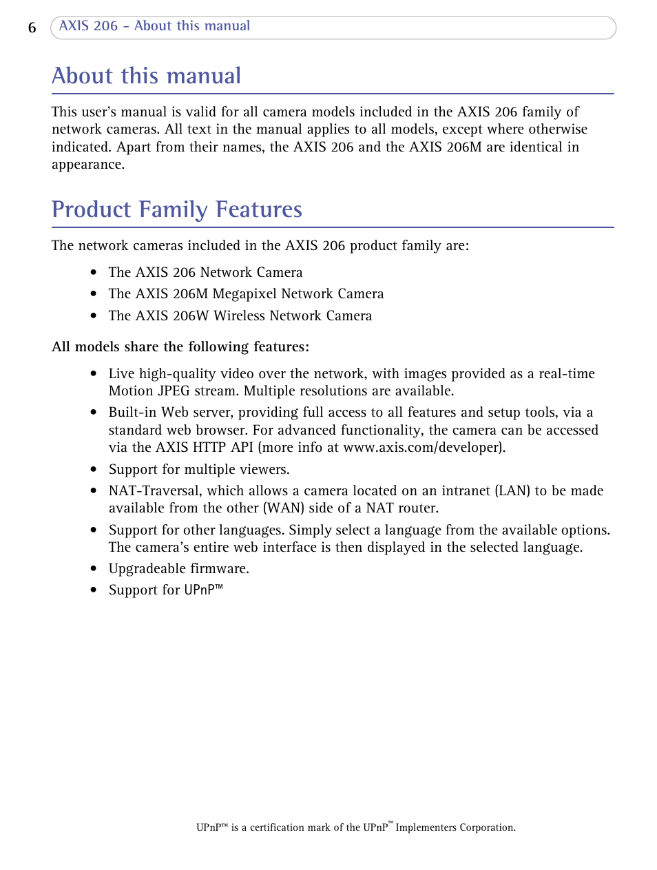 About this manual, Product family features, About this manual product family features | Axis Communications 206 User Manual | Page 6 / 48