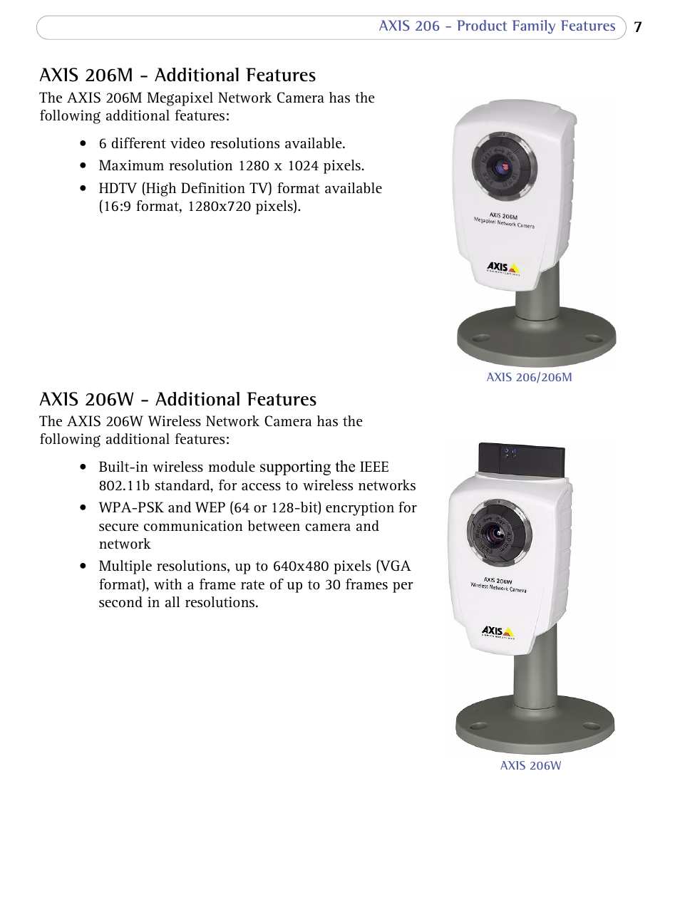 Axis 206m - additional features, Axis 206w - additional features | Axis Communications 206 User Manual | Page 7 / 48