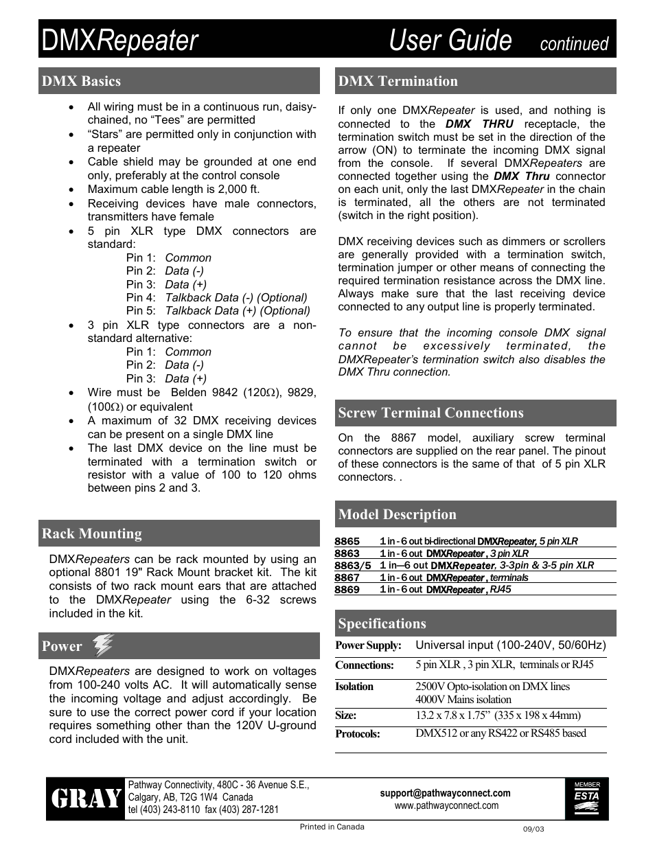 Dmx repeater user guide, Gray, Continued | Dmx basics, Rack mounting, Power, Model description specifications dmx termination, Screw terminal connections | Pathway #8863, 8865, 8867, 8869, 8863/5 User Manual | Page 2 / 2
