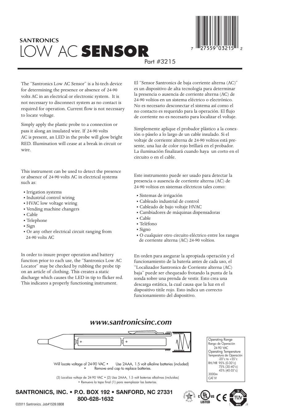 Santronics Low AC Locator User Manual | 1 page